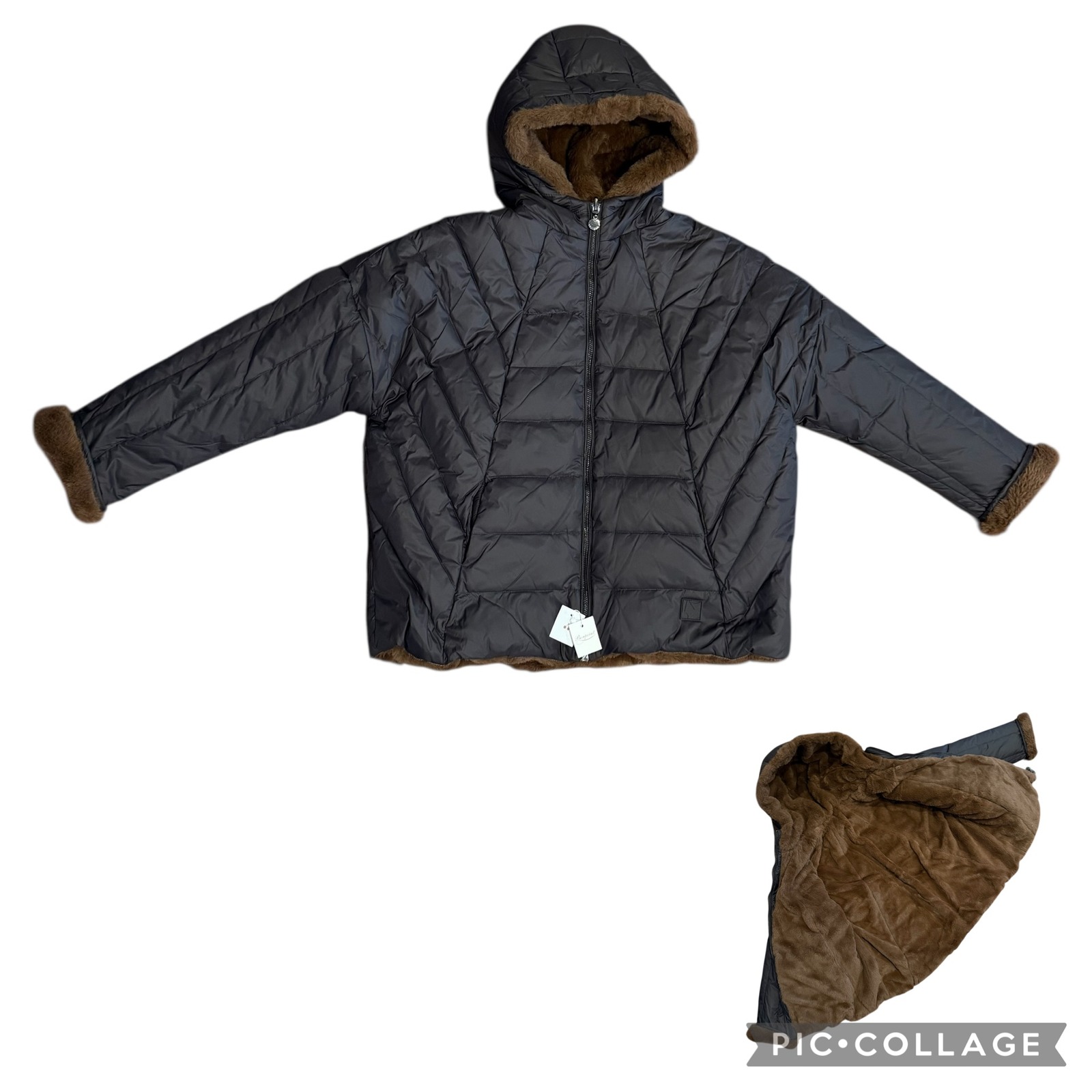 Bonpoint Reversible Puffer Jacket New Hooded Down Feather Black Brown Faux Fur